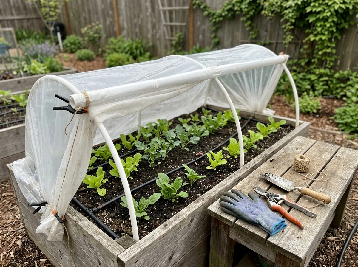 Raised bed with hoop tunnel and row cover for season extension