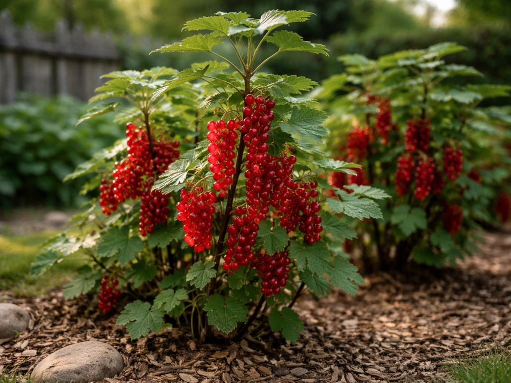 Healthy red currant bushes with clusters of berries in a cool-climate backyard garden
