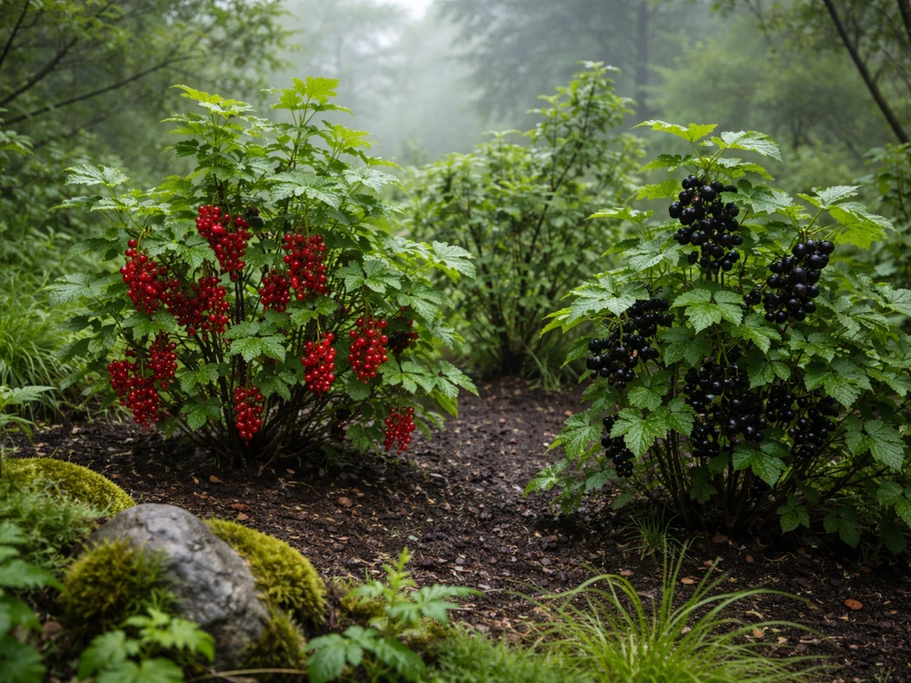 Currant shrubs in a misty Pacific Northwest garden with damp soil and moss, seen in natural diffuse light.