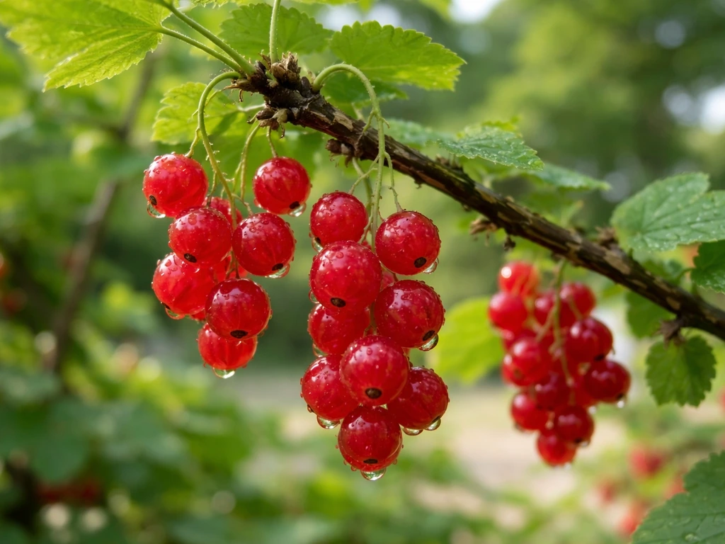 Red currant clusters on a garden plant branch with soft green background blur.