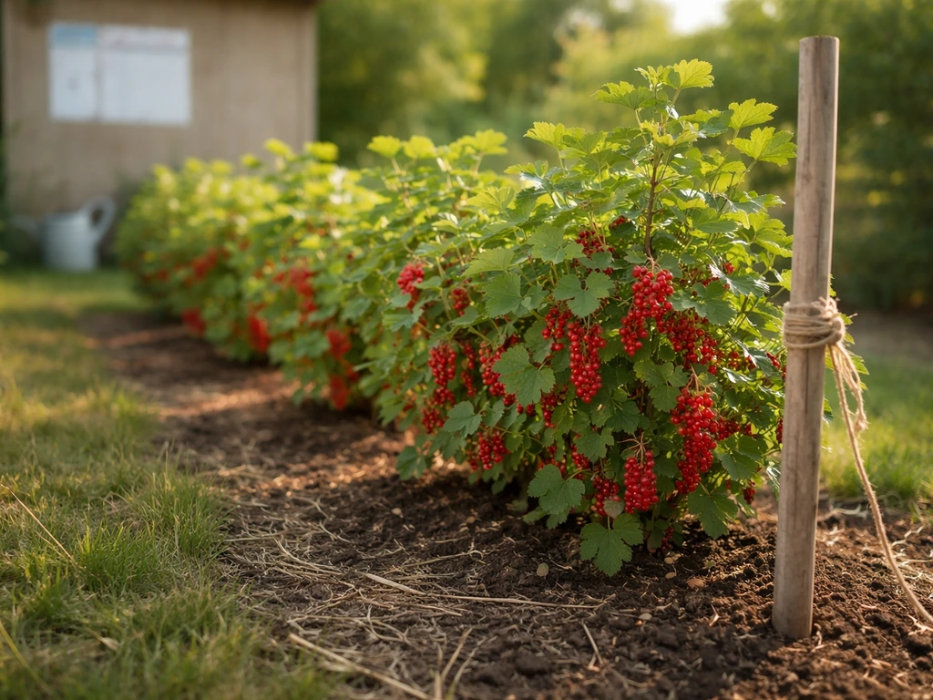 Red currant bush with small red berries in a simple backyard garden under morning light.