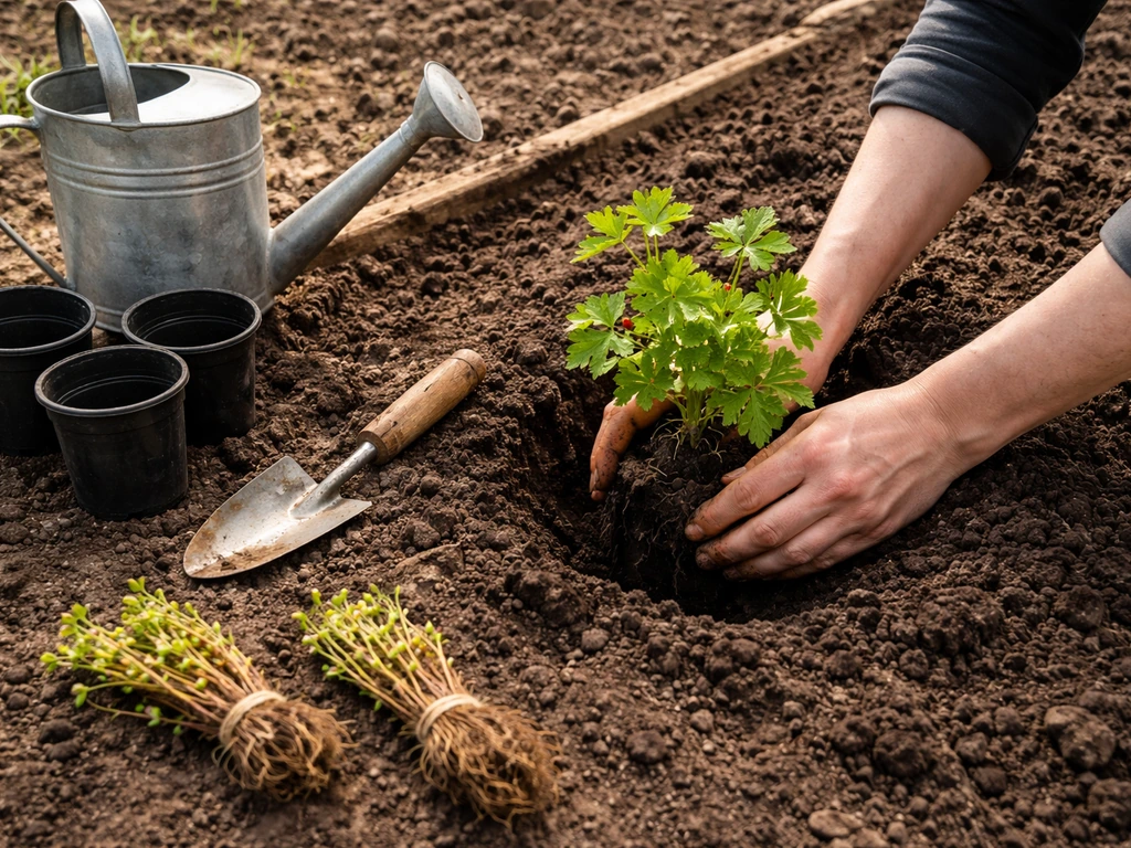 Hands placing a currant plant in a prepared bed with simple gardening tools nearby.