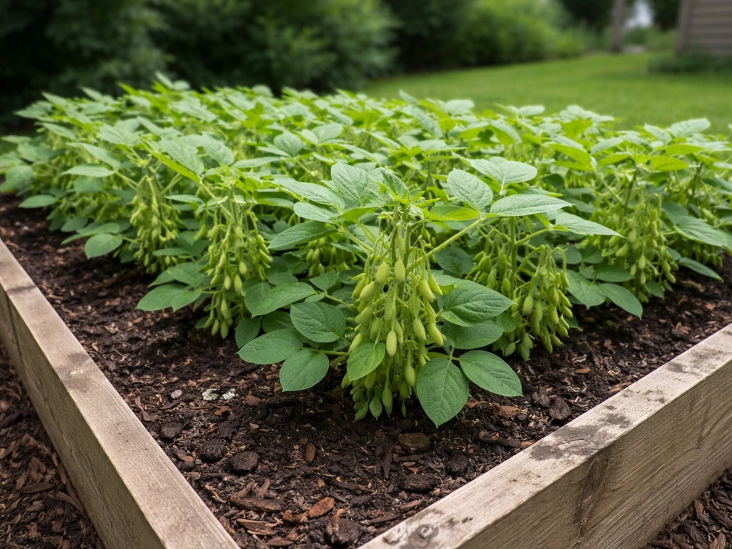 Young edamame plants in a Michigan backyard garden bed with developing green pods in summer.