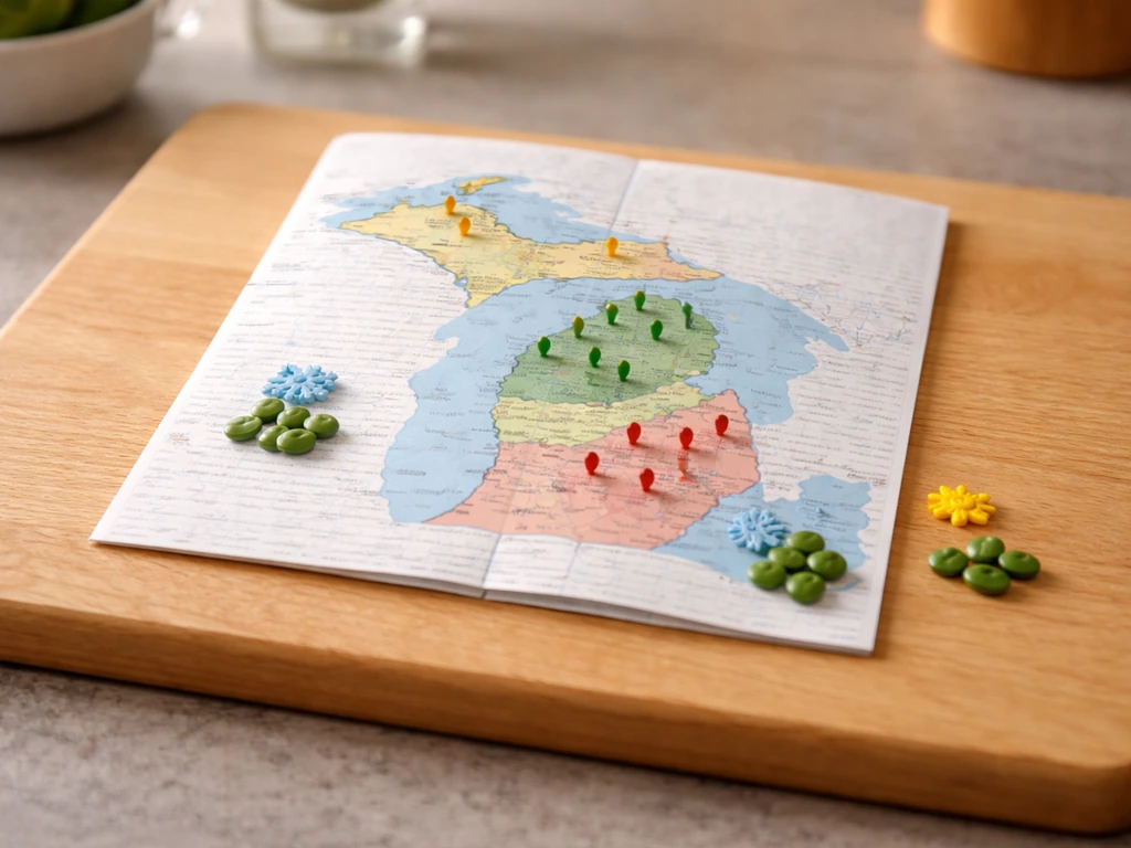 Wooden board with a folded Michigan map and colored pins separating UP and peninsulas with small soybean tokens.