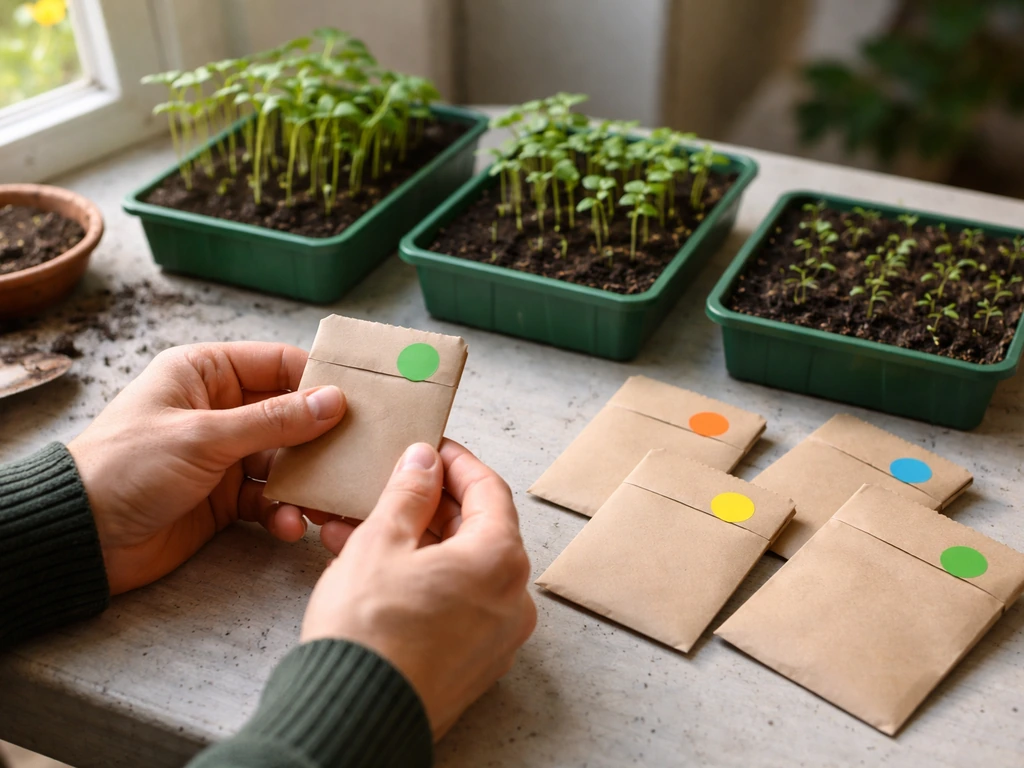Seed packets and small edamame seedlings on a garden table, implying maturity timing for Michigan planting.