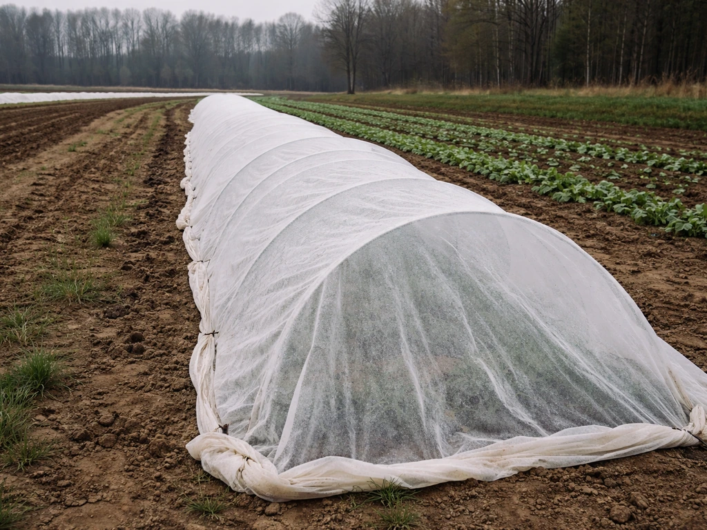 Edamame row covered with floating row fabric on hoops, light frost under an overcast sky.