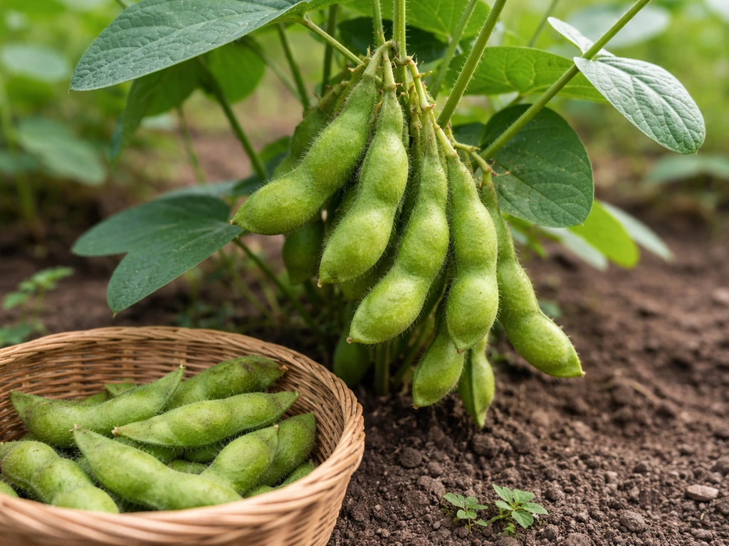 Close-up of fresh green edamame pods harvested from the plant into a small basket