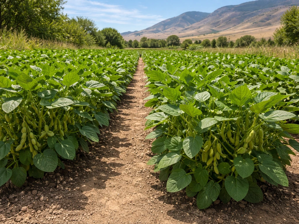 Lush green edamame plants growing in a sunny Utah-style garden with foothills in the background.