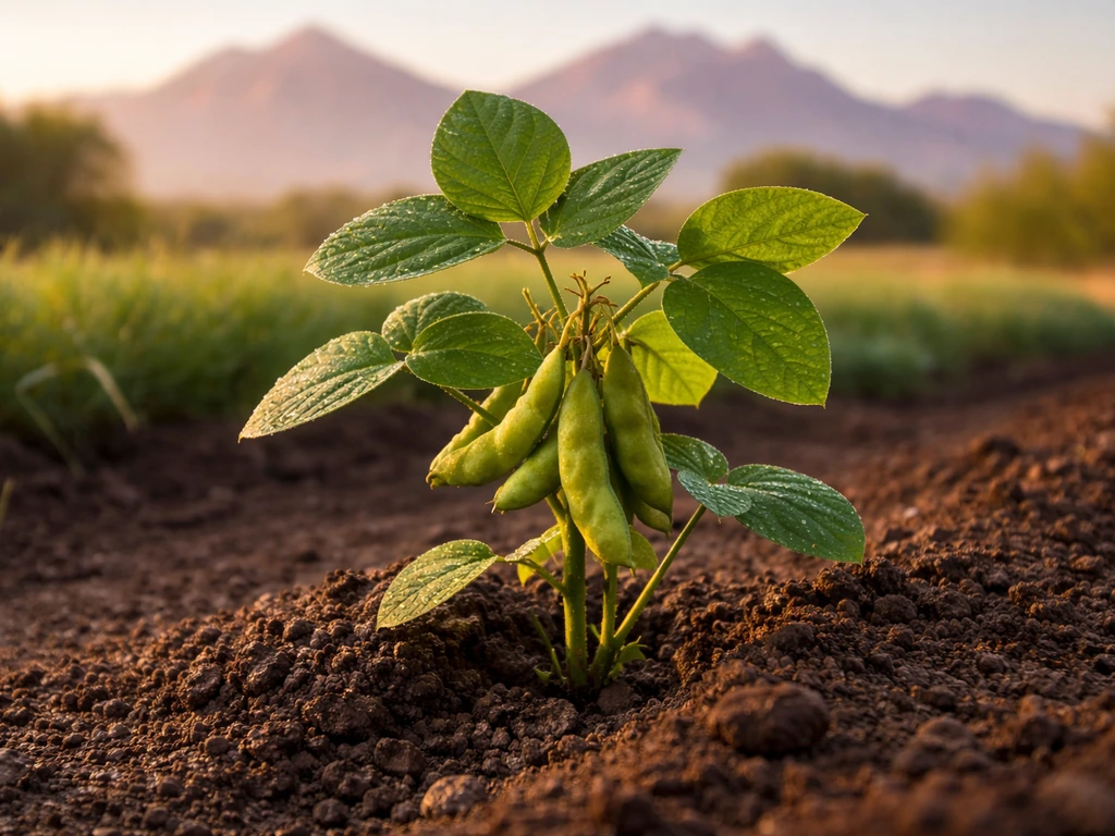 Edamame plant in moist soil with Utah mountain backdrop under early morning light.