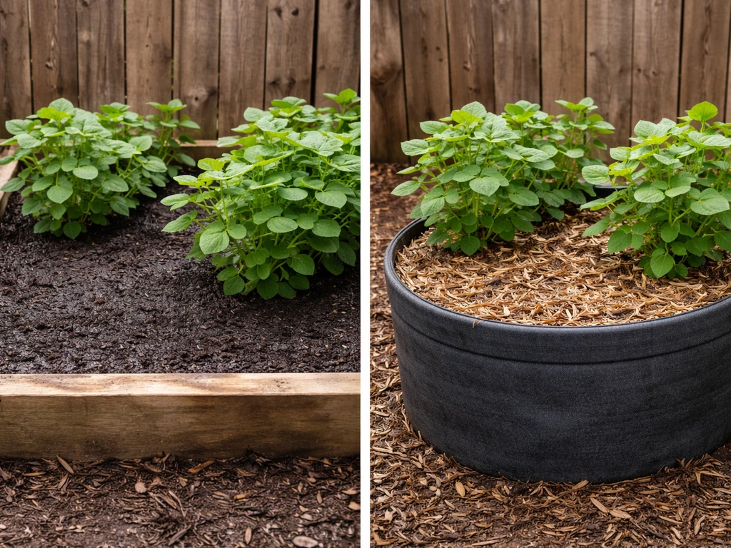 Side-by-side photo of edamame in a moist in-ground bed versus edamame in a mulched container.