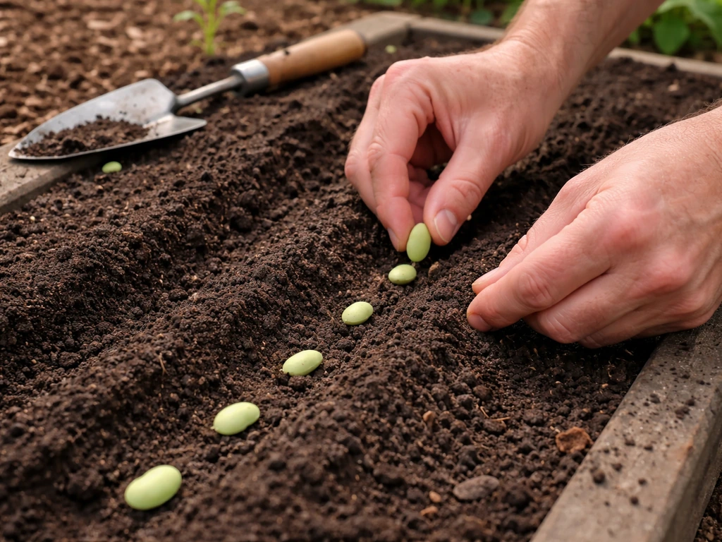 Hands placing large edamame seeds into soil along a simple raised garden bed.