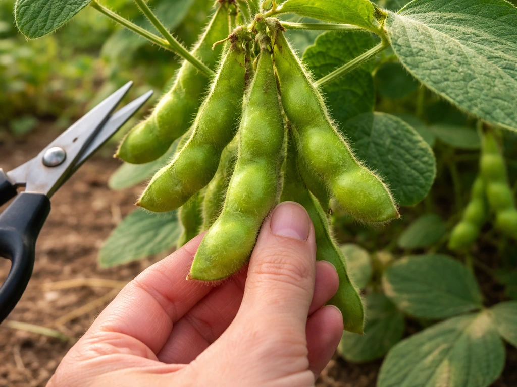 Bright green, plump edamame pods on the plant with scissors and a hand harvesting in daylight.