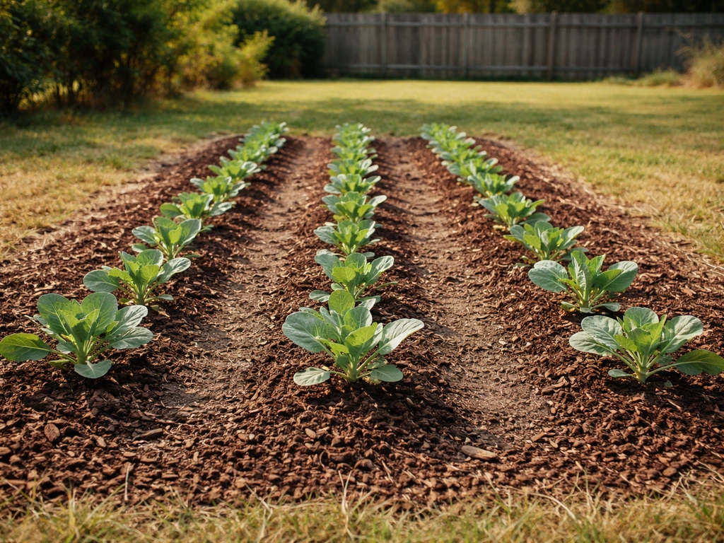 Full-sun Michigan garden bed with simple rows of Brussels-sprout seedlings, hinting at fall timing needs.