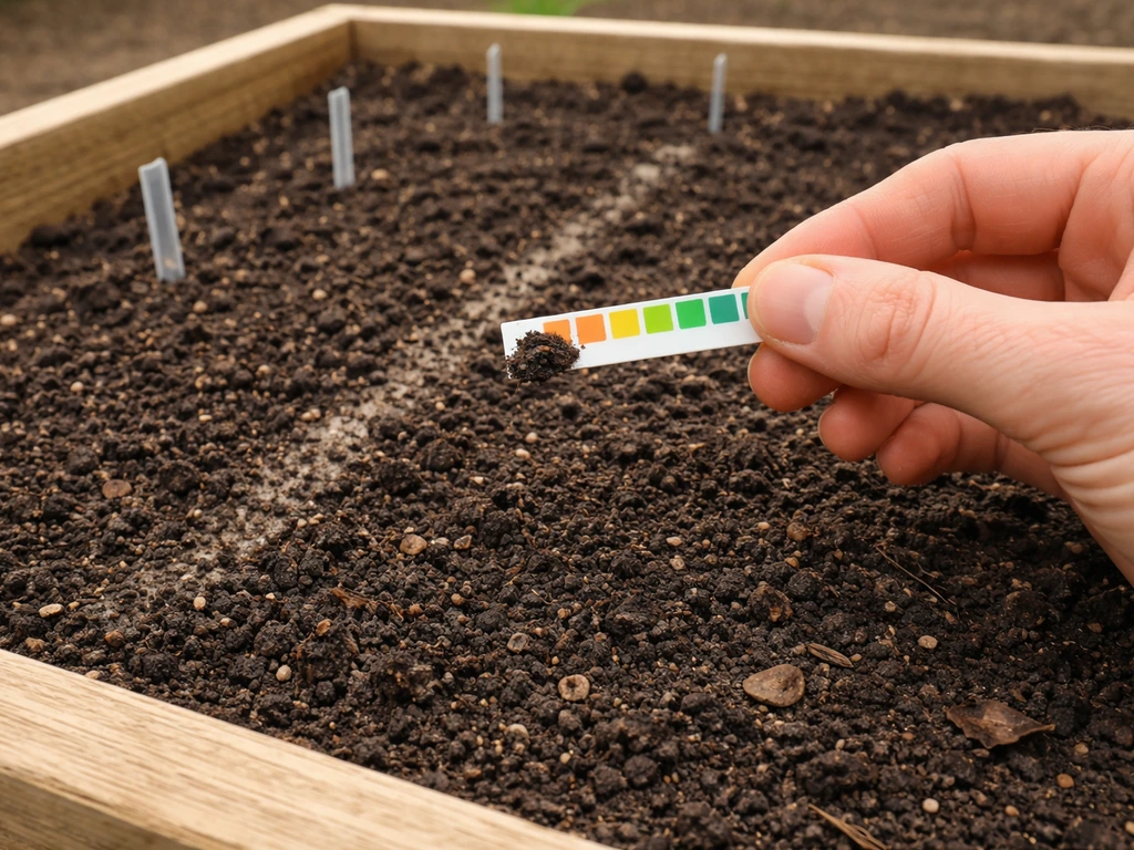 Close-up of enriched raised-bed soil with a hand holding a pH test strip and small spacing markers.