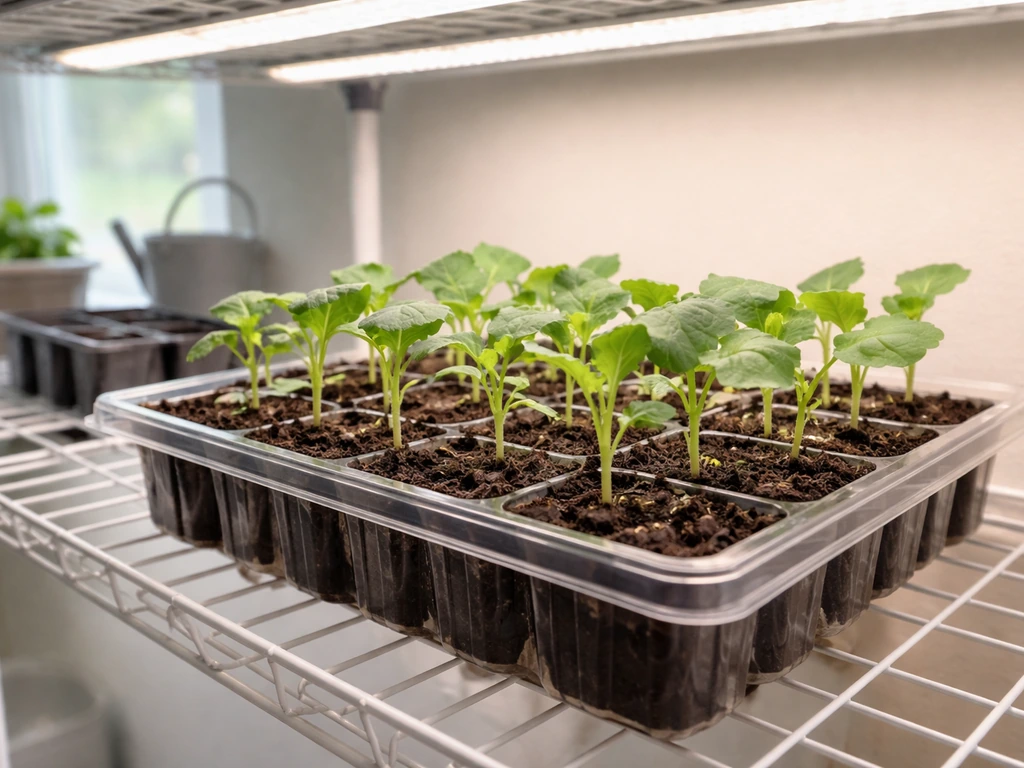 Indoor seed-starting tray under grow lights with small brassica seedlings ready for transplanting