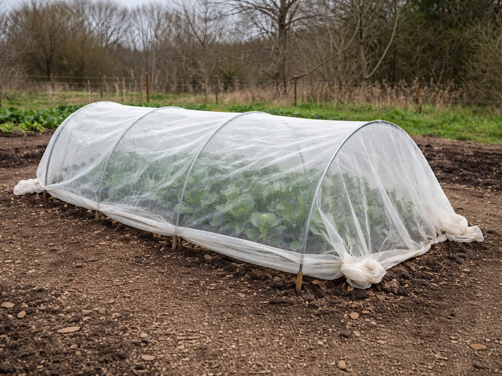 Hoop row cover over Brussels sprouts plants in a cool Michigan garden bed.
