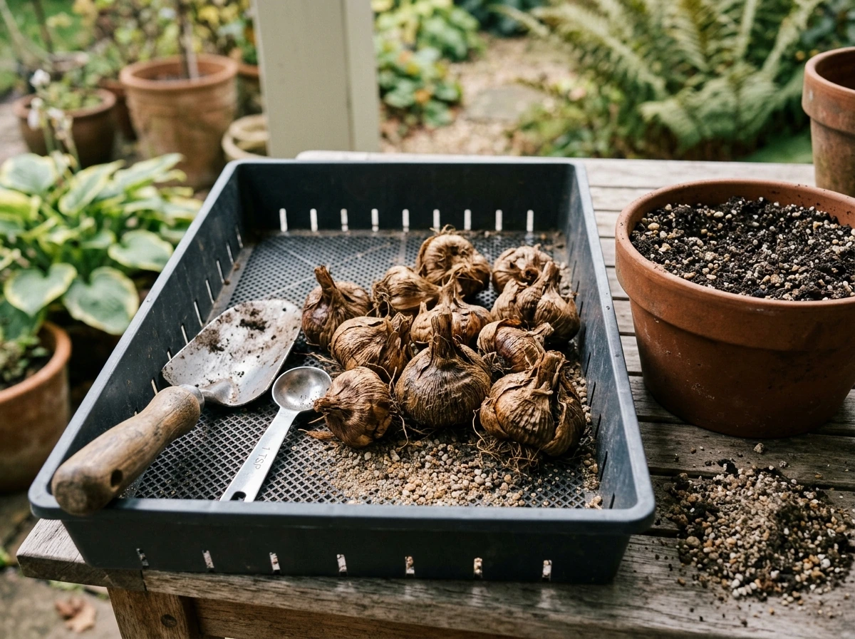 Saffron crocus corms staged for fall planting