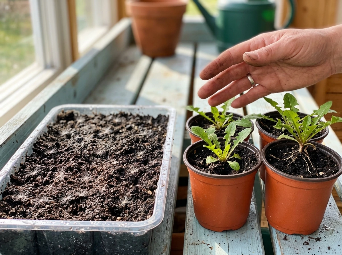 Dandelion seeds in soil vs young seedlings in pots for starting options