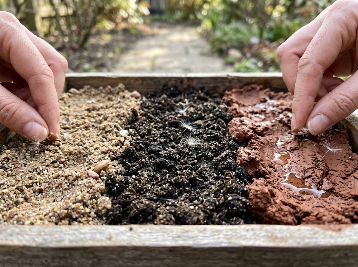 Dandelion seeds pressed into different soil textures