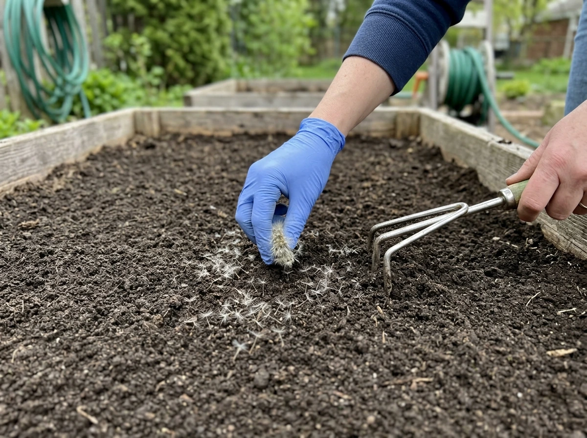 Preparing soil and pressing dandelion seeds into a seedbed
