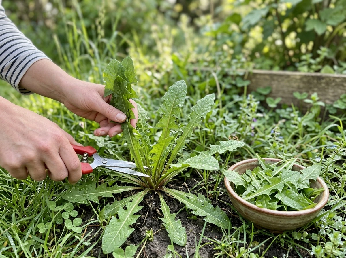 Harvesting young dandelion leaves with scissors and a small bowl