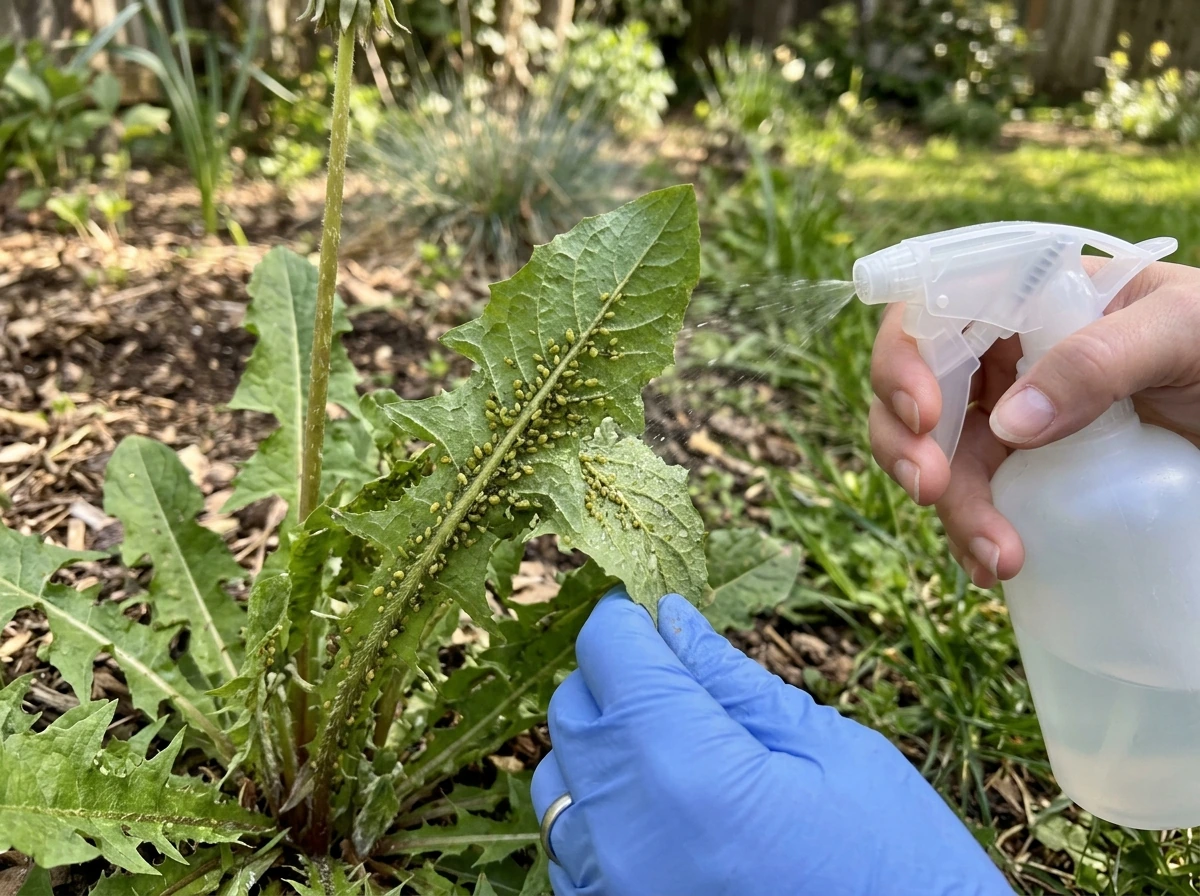 Aphids on a dandelion stem while misting with a spray bottle