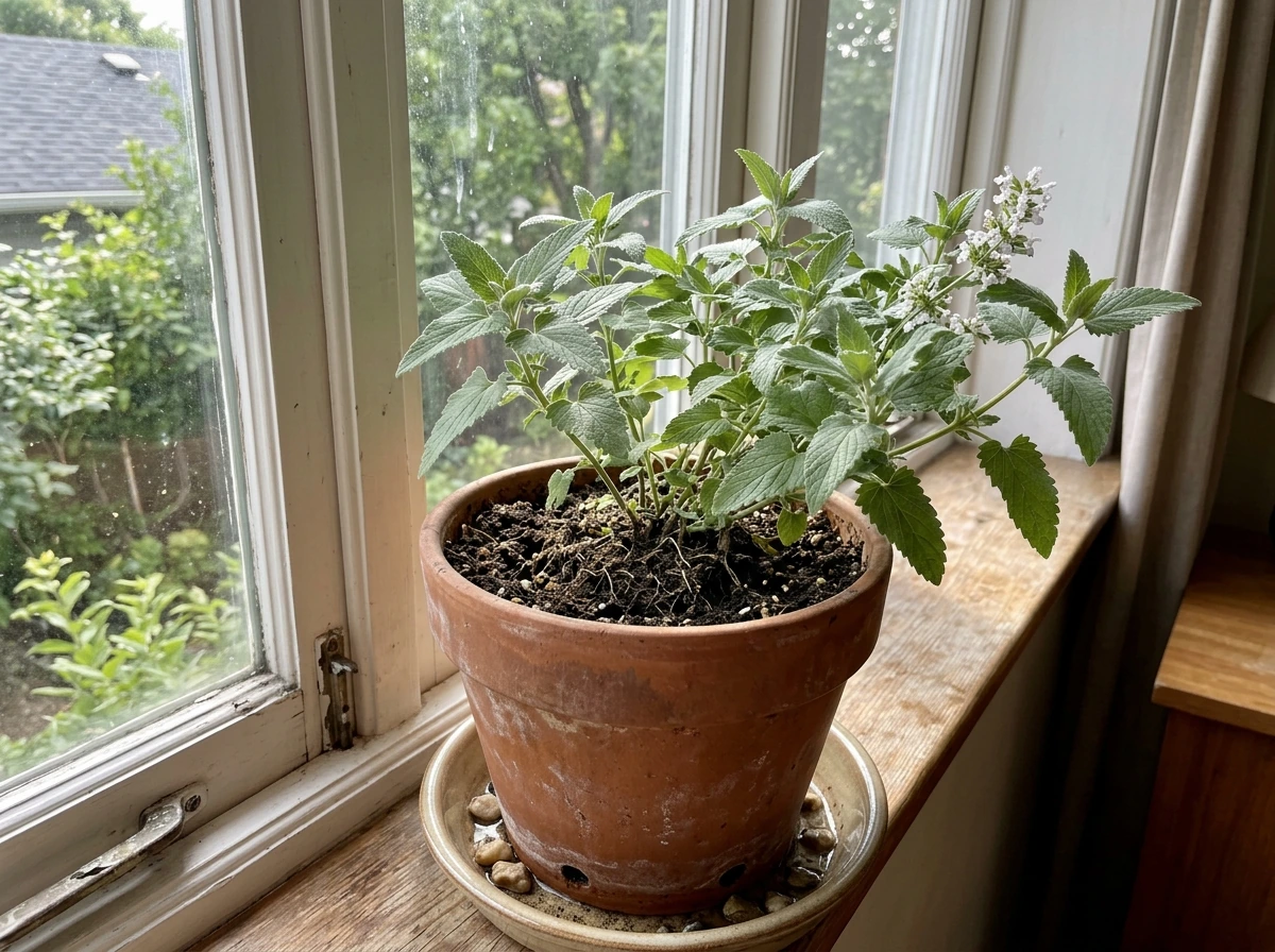 Catnip indoors by a south-facing window with labeled pot and drainage setup