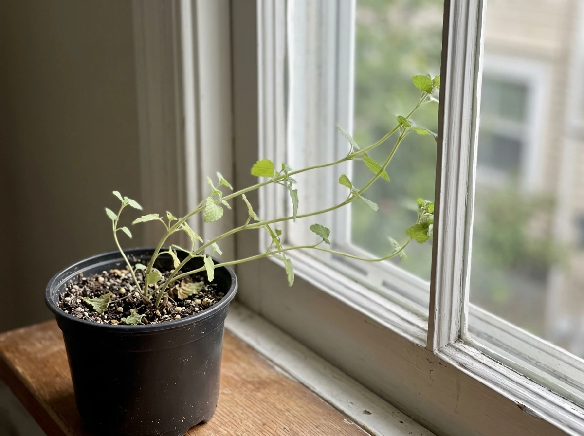 Leggy catnip stretching toward a window indoors