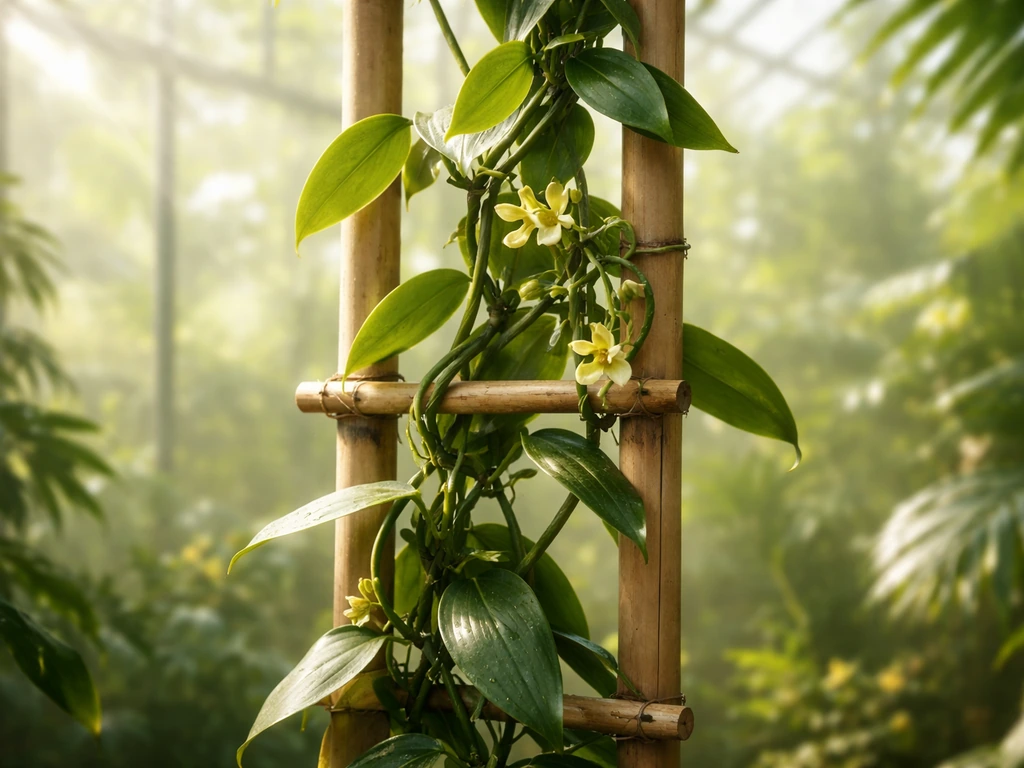 Vanilla vine climbing a trellis in a humid greenhouse-like setting with lush green leaves and warm tropical light.