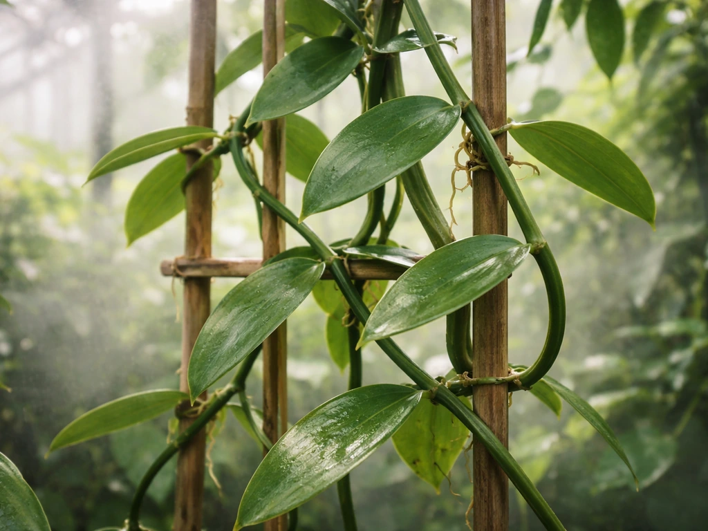 Close-up of Vanilla planifolia vines thriving on a trellis in warm, humid greenhouse.