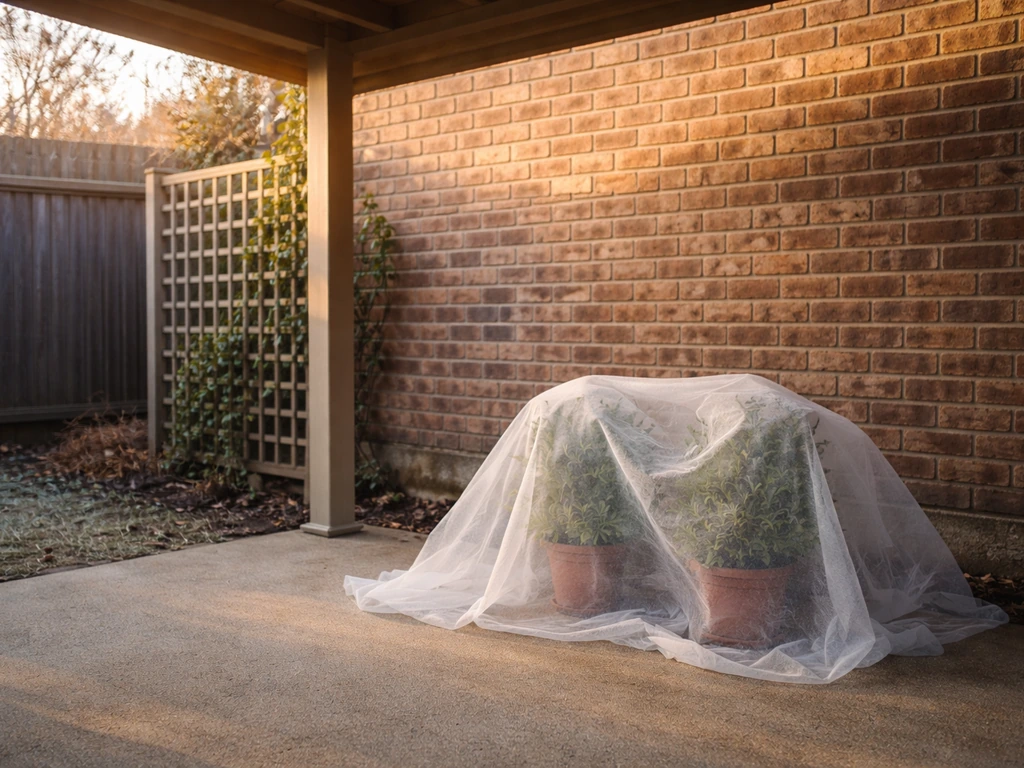 Warm south-facing brick wall beside a covered patio with plants and a light frost cover on a cold morning.
