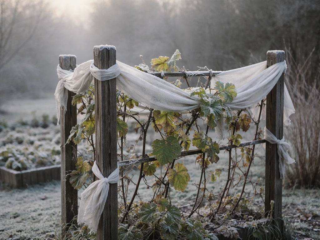 Outdoor vines wrapped loosely in frost cloth on a trellis during a cold night.