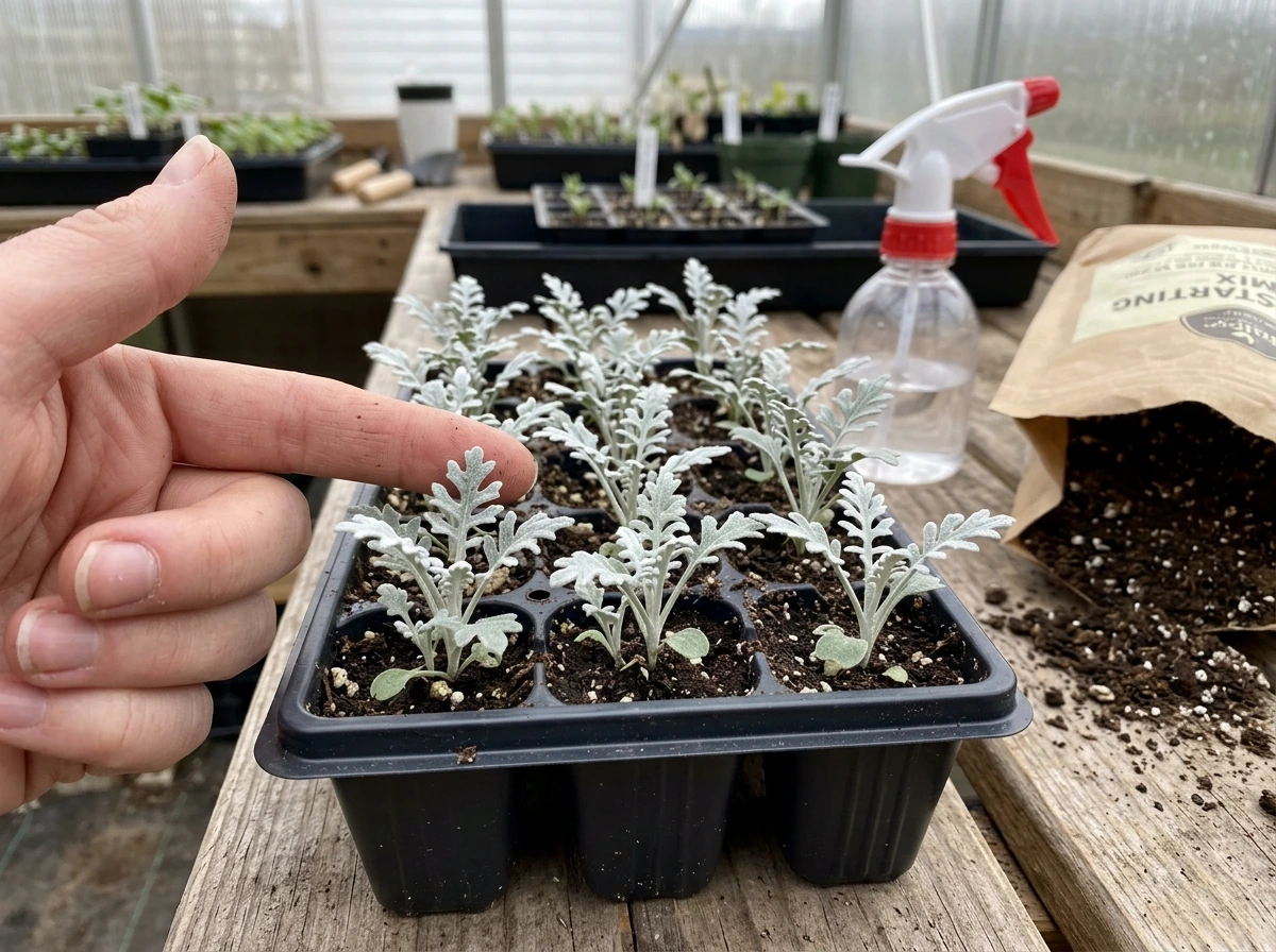 Dusty miller seedlings showing silvery, fuzzy leaf texture in a seed-start tray.
