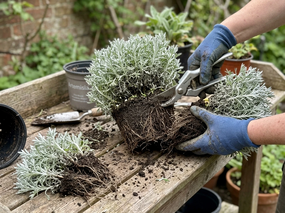 Hands dividing silver mound Artemisia crowns during propagation.