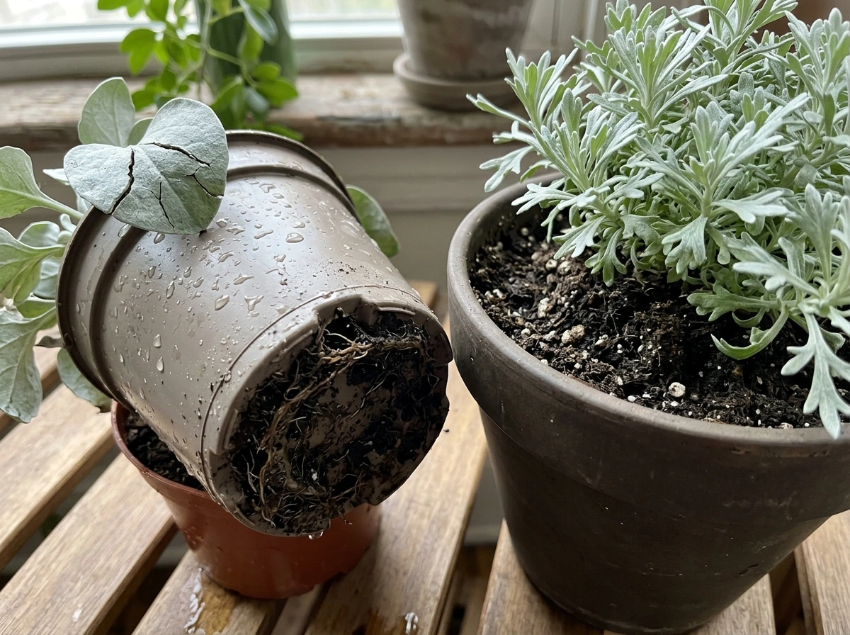 Unhealthy roots from poor drainage next to a healthy, well-drained pot.