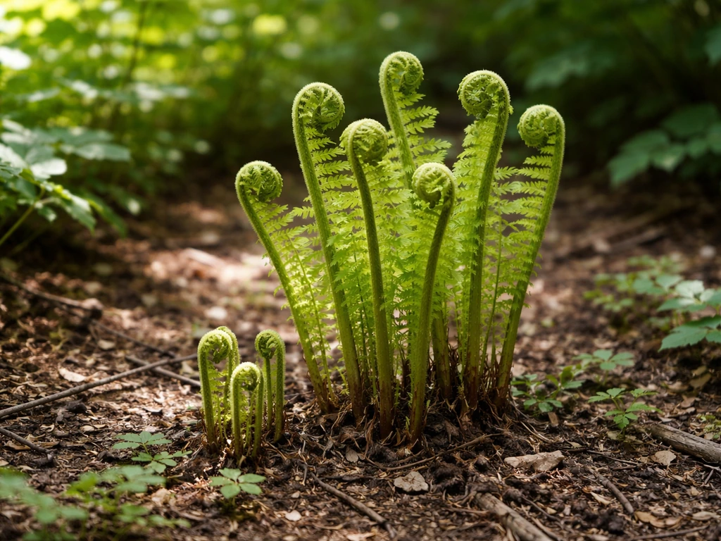 Fresh ostrich fern fiddleheads emerging in a shaded spring garden with dappled light.