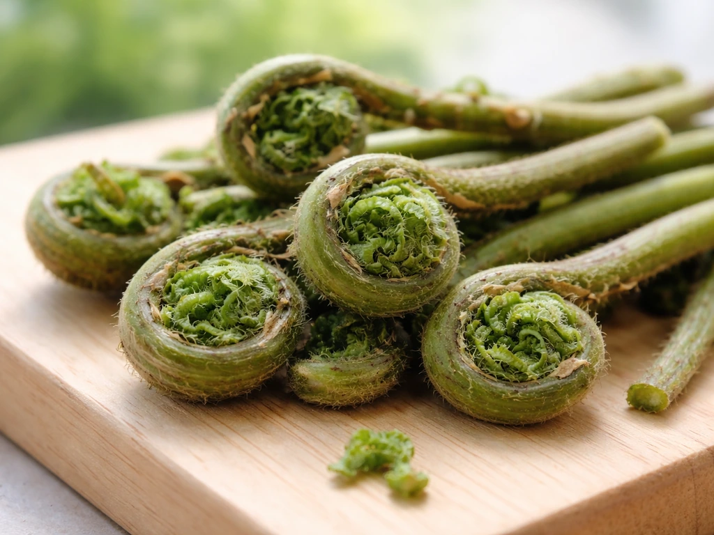 Close-up of ostrich fern fiddleheads, tightly coiled, on a simple wooden surface
