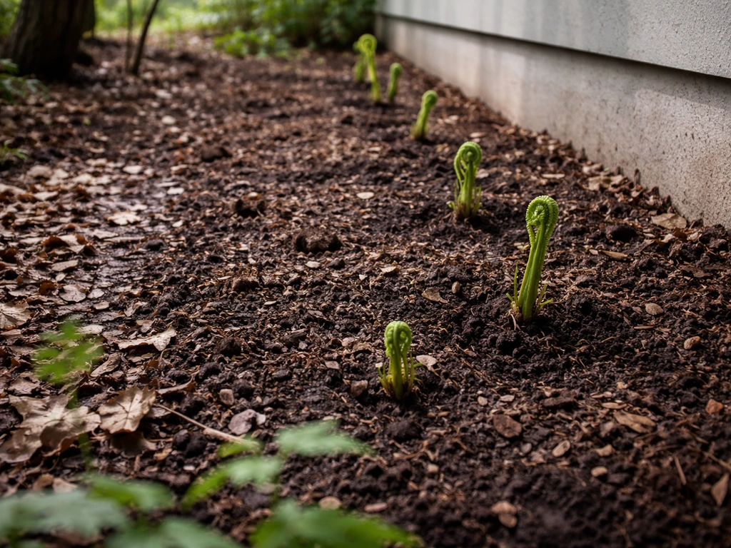 Shaded garden bed on a north side with prepared soil, compost, and ostrich fern fiddleheads plants
