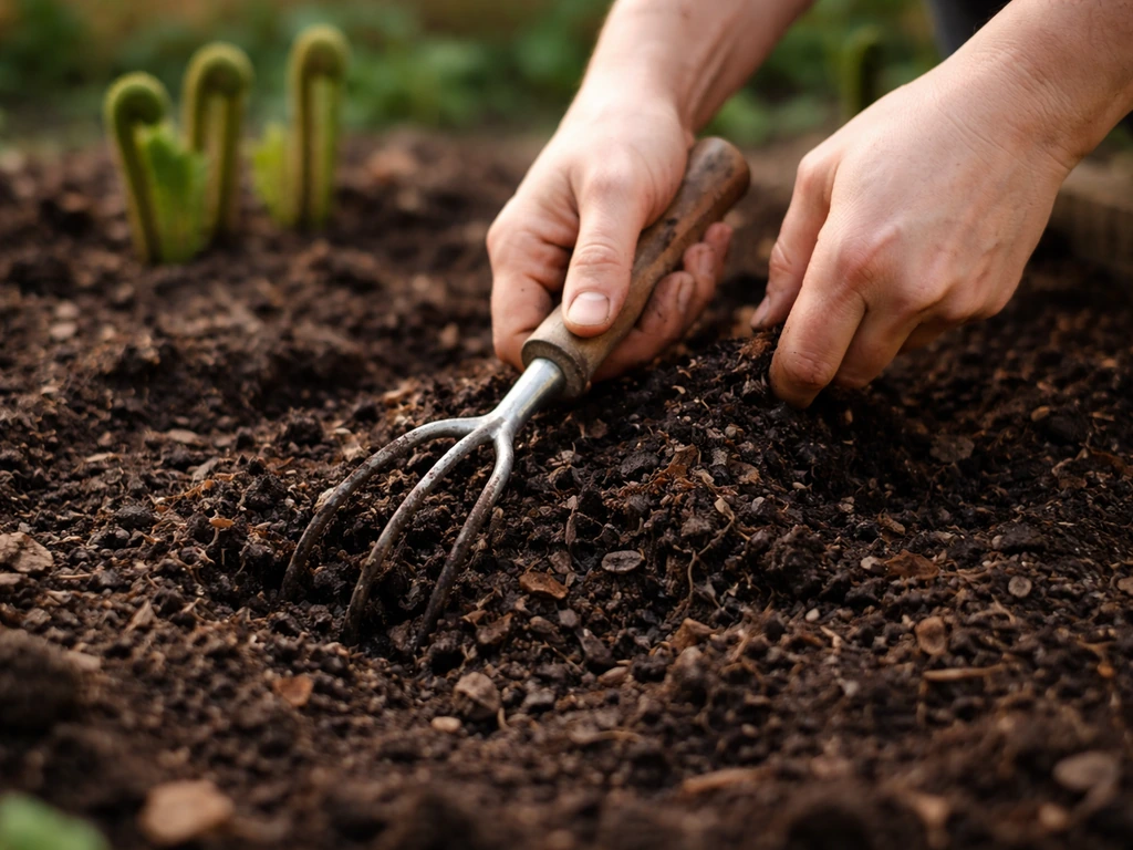 Hands mixing dark compost into garden soil for an ostrich fern planting bed