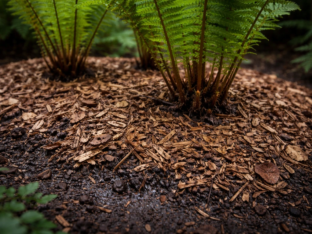 Close-up of wood chip mulch around fern crowns with moist soil underneath after watering