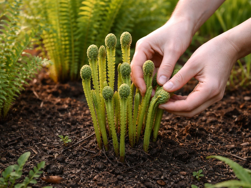 Hands gently harvesting a few fiddleheads from a healthy ostrich fern, leaving the rest untouched