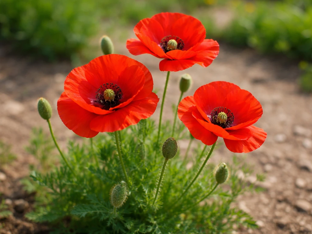 Close-up of vibrant red ornamental poppy blooms in a sunny garden bed with blurred greenery.