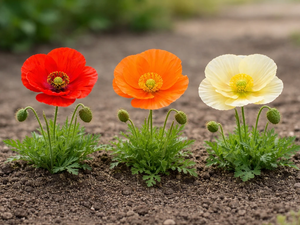 Three close-up poppy flowers—red, orange, and pale yellow—side by side in a natural garden setting