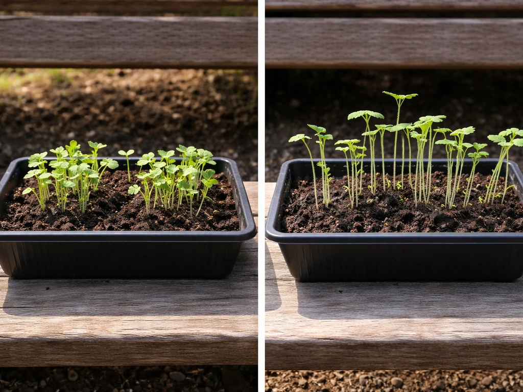 Poppy seedlings in full sun are compact; those in partial shade are taller and floppier, same stage.