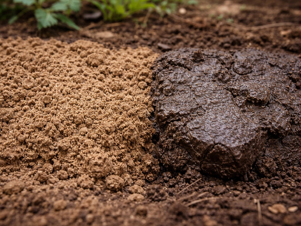 Closeup of loose, crumbly potting soil beside darker, waterlogged heavy clay in a garden bed corner.