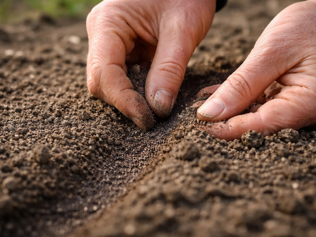 Close-up hands sprinkling poppy seeds into a shallow seedbed, barely covered with soil.
