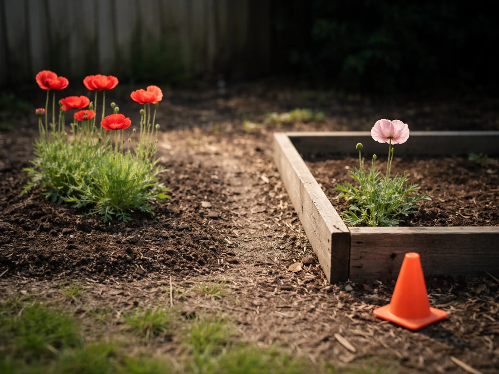 Minimal garden patch with flowering ornamental poppies, with one muted lookalike area and a natural warning cone.