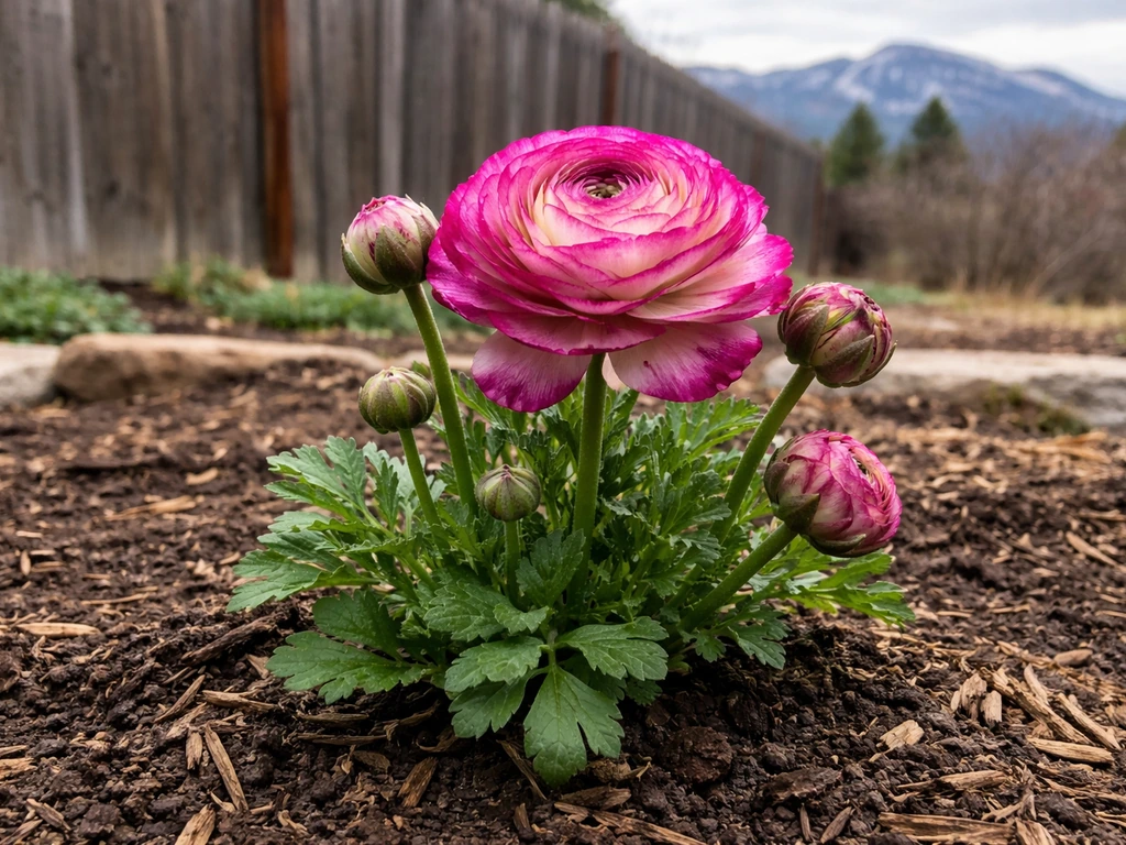 Vivid ranunculus flowers blooming in a Colorado garden bed with cool spring light and mountains in background.