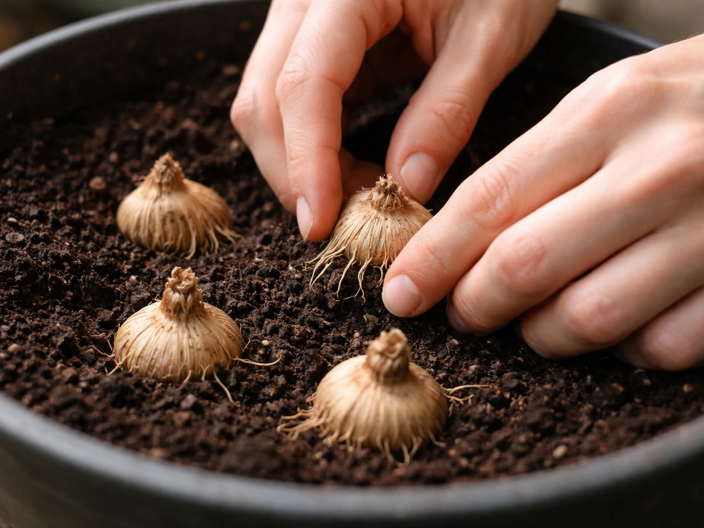 Hands placing ranunculus corms into soil with the root tips pointing downward.