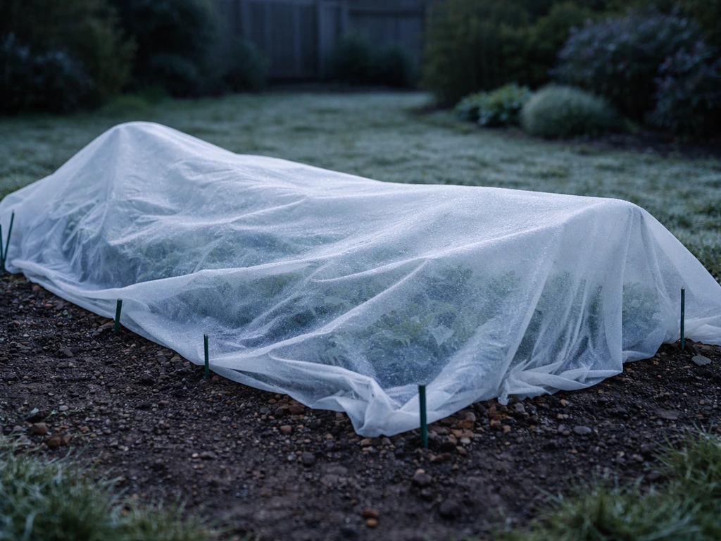 Ranunculus bed outdoors covered with frost cloth after an unexpected late frost night.